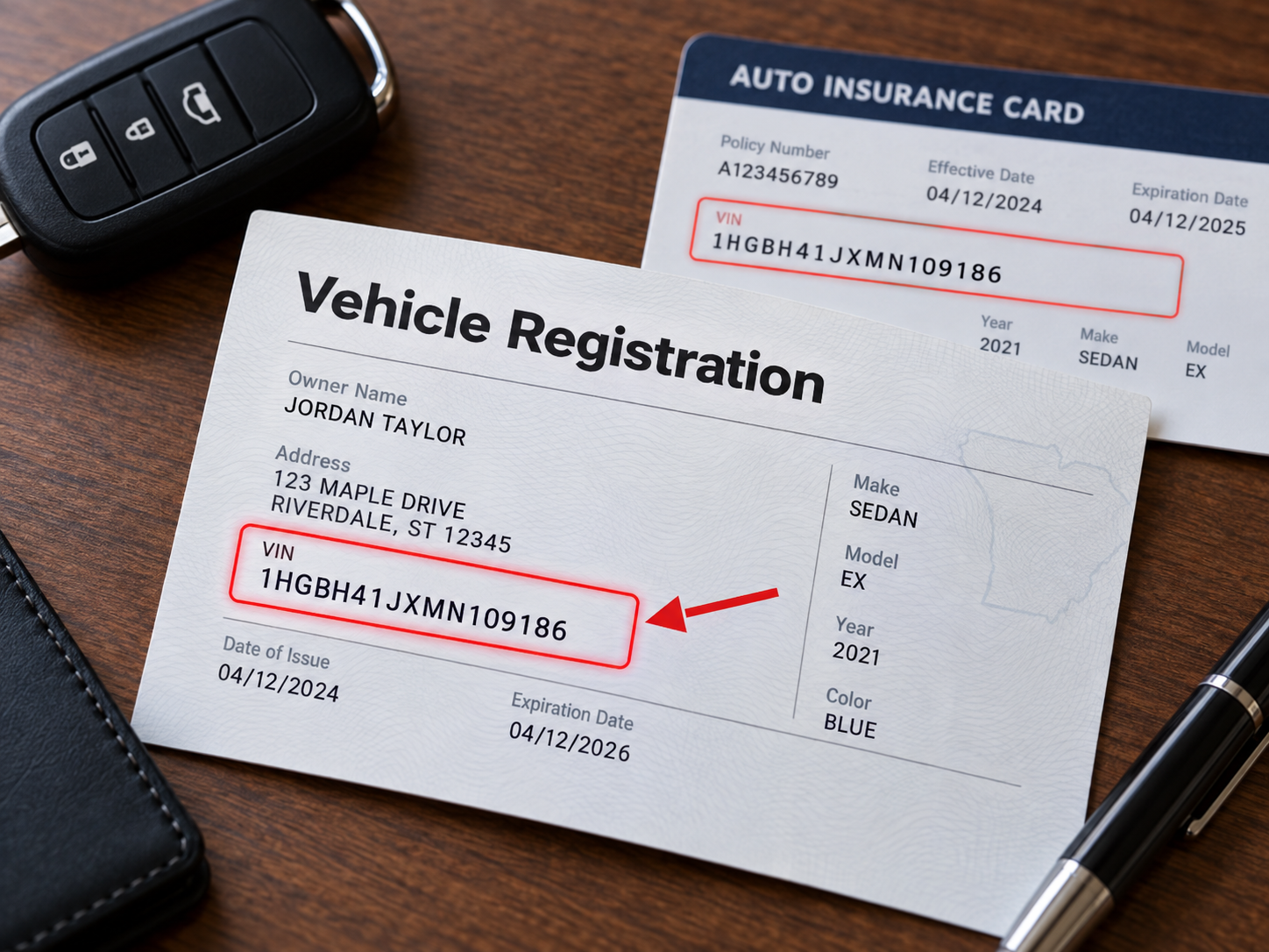 Example showing where the VIN appears on registration and insurance documents