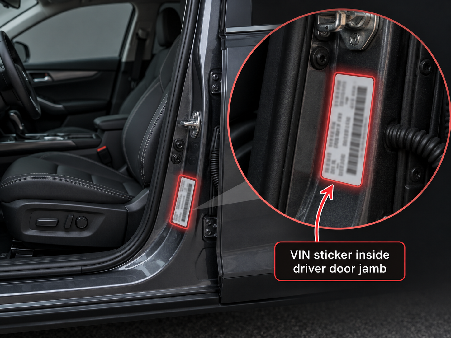 Example showing a VIN sticker inside the driver door jamb